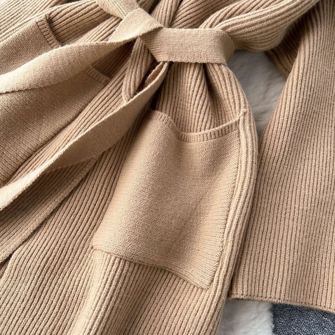 Women's Long Knit Cardigan: Open Front, Shawl Collar, Belted