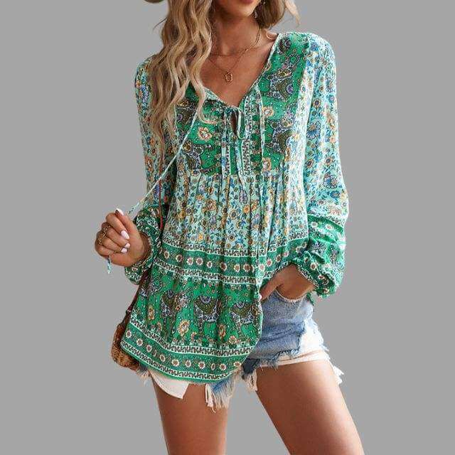 Women's Bohemian Long Sleeve V-Neck Blouse