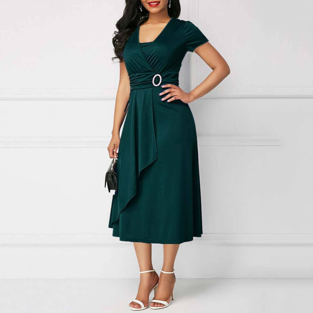 Women's Elegant Midi Wrap Dress, Short Sleeve V-Neck