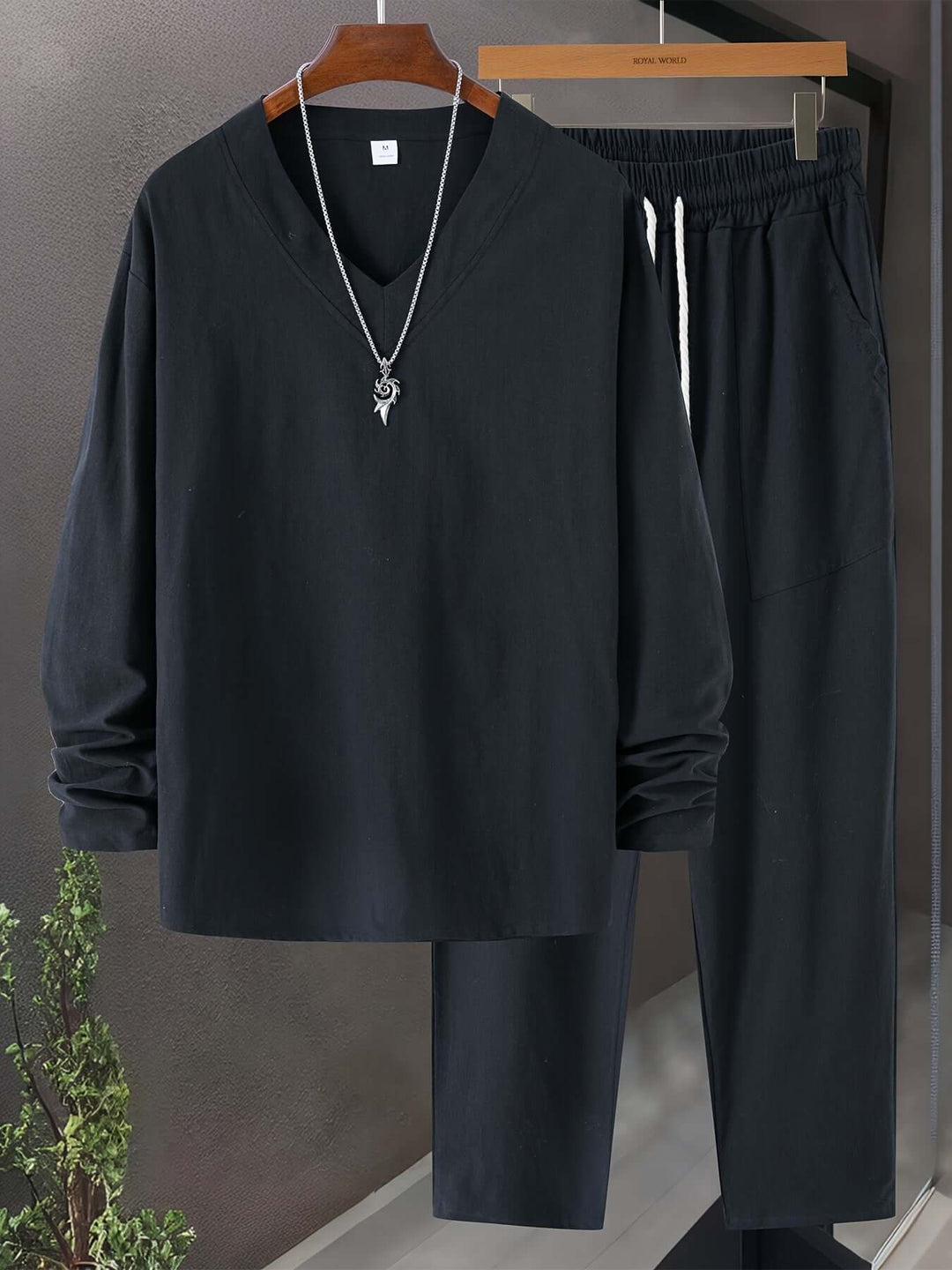 Men's Relaxed-Fit Loungewear Set: V-Neck Top & Trousers