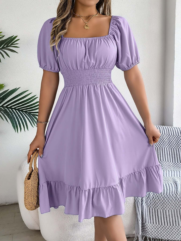 Women's Puff Sleeve Midi Dress with Smocked Bodice