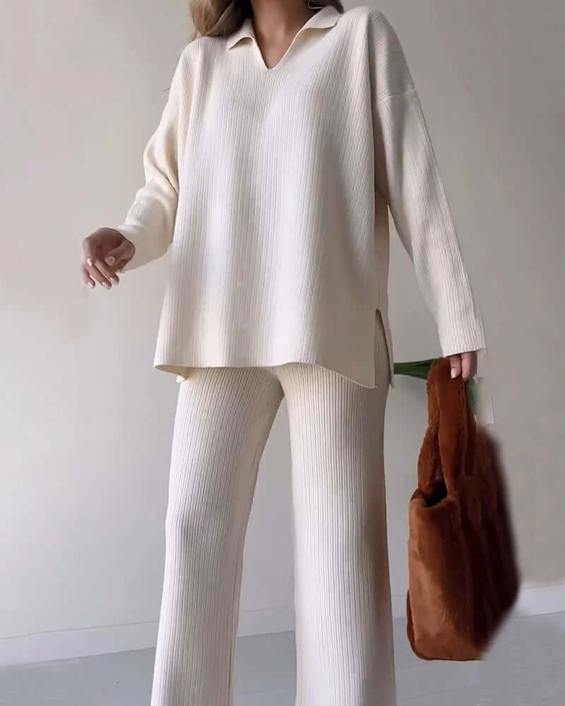 Women's Cozy Knit Loungewear Set: V-Neck Top & Flared Pants