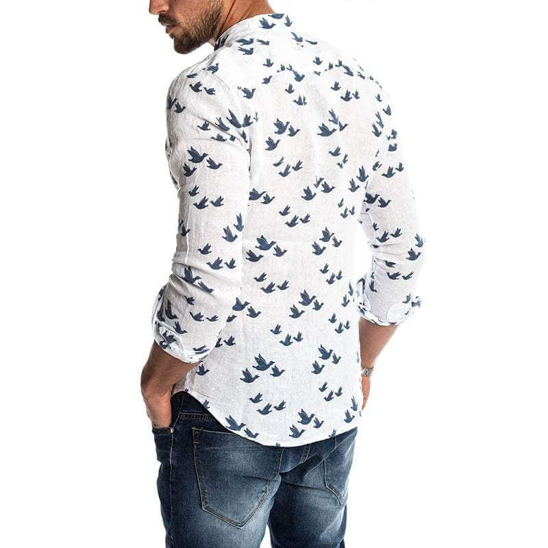 Men's Casual Long-Sleeve Shirt: Bird Print Mandarin Collar