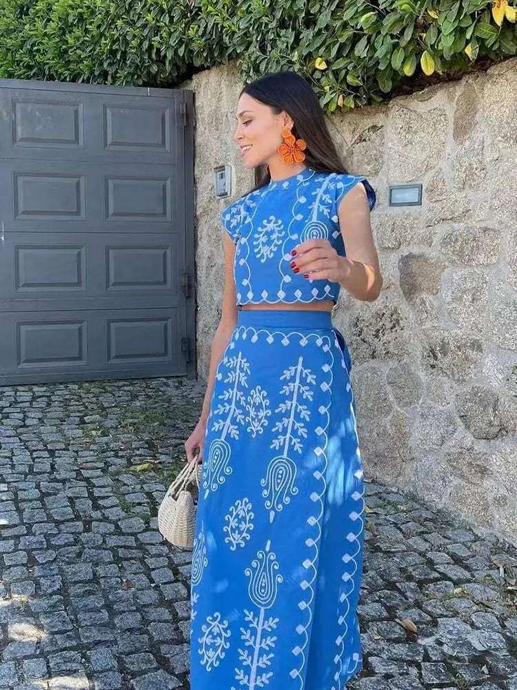 Elegant Women's Embroidered Crop Top & Midi Skirt Set