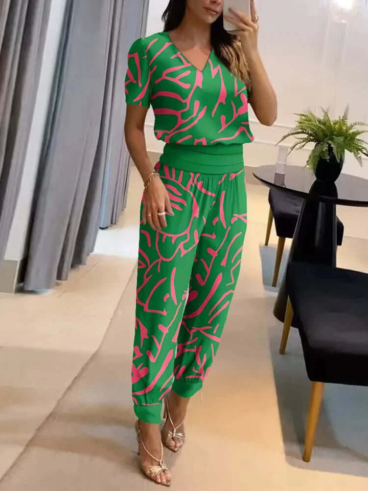 Women's Relaxed Fit Two-Piece Set: V-Neck Top & Elastic Waist Pants