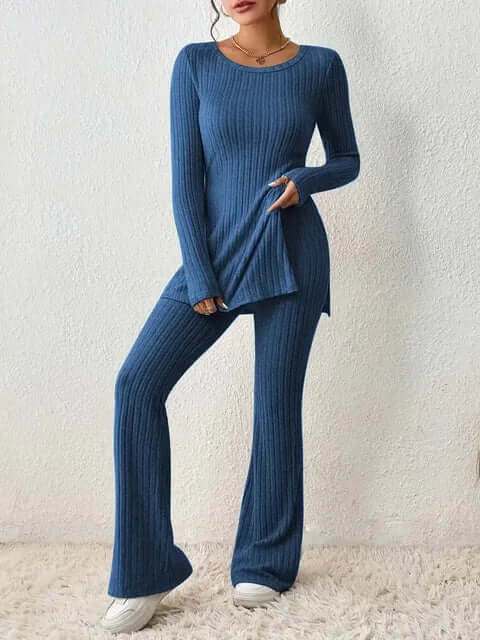 Women's Ribbed Knit Set: Long Sleeve Top & Flared Trousers