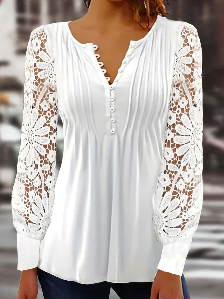 Women's Relaxed Fit Blouse: Lace Sleeves & Pintuck Detail
