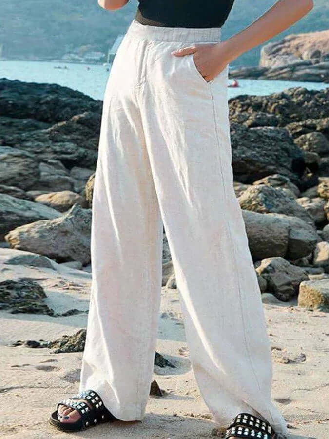 Women's Wide-Leg Linen Trousers: Breathable & Elastic Waist