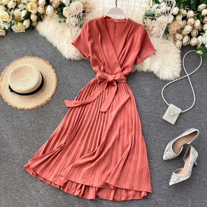 Women's Knee-Length Pleated Dress: Elegant V-Neck High Waist
