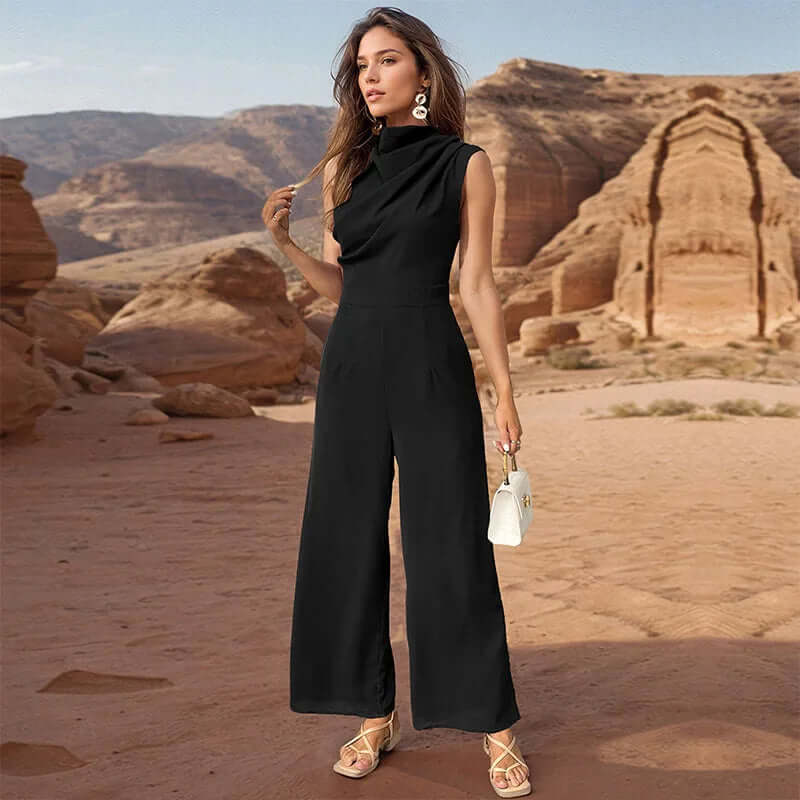 Women's Casual Sleeveless High Collar Top & Wide Leg Pants Set