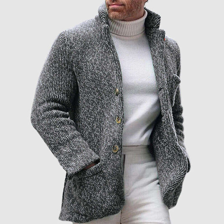 Men's Chunky Knit Cardigan: Stand Collar, Button Front