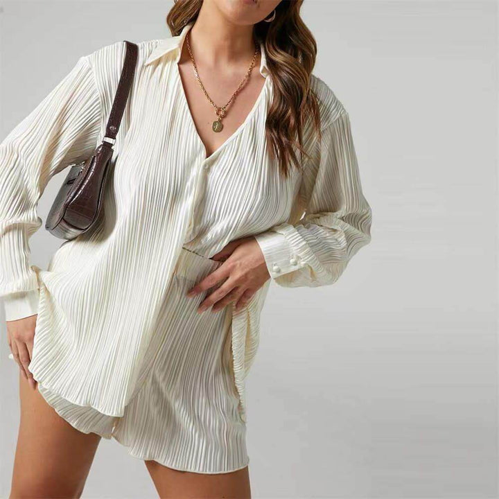 Women's Pleated Loose Summer Shirt & Shorts Set
