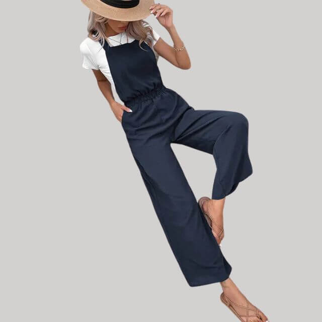 Women's Wide-Leg Elastic Waist Jumpsuit with Pockets