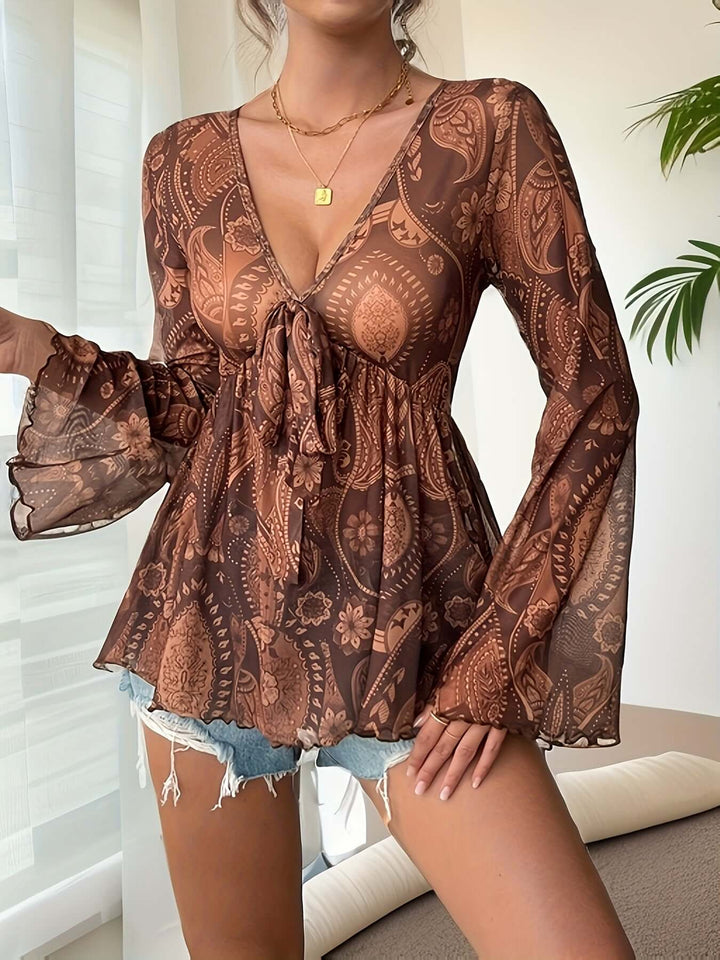 Women's Bohemian V-Neck Blouse with Flared Sleeves