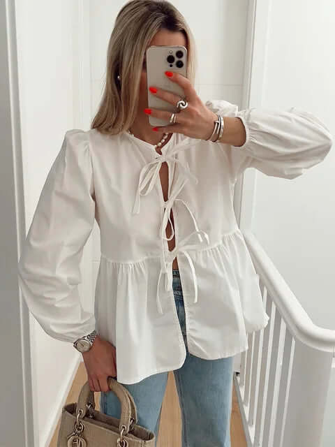 Women's Puff Sleeve Blouse with Bow Detail