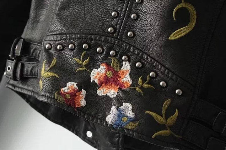 Women's Casual Floral PU Leather Jacket