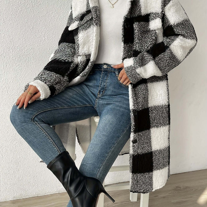 Women's Long Sleeve Checked Coat: Stylish & Warm Outerwear