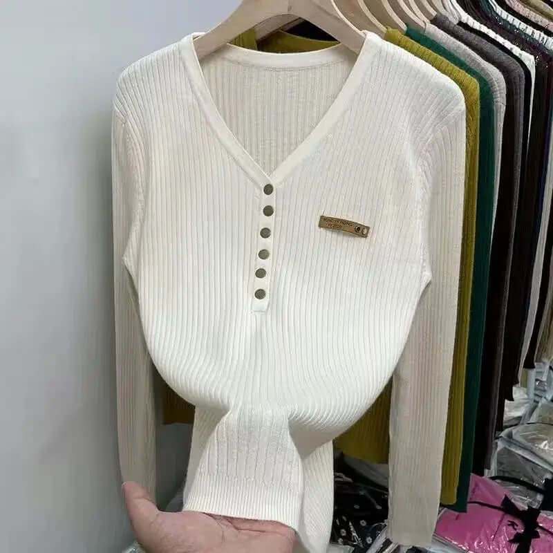Women's V-Neck Warm Knit Sweater with Button Detail