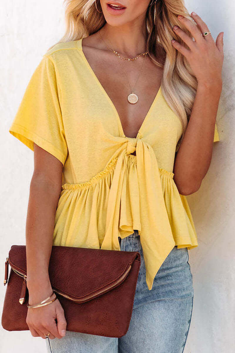 Women's V-Neck Bow Front Blouse - Daily Wear Top