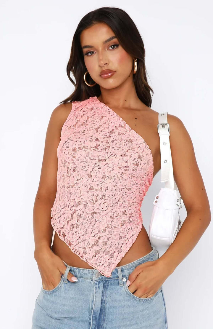 Elegant One-Shoulder Lace Top with Asymmetrical Hem