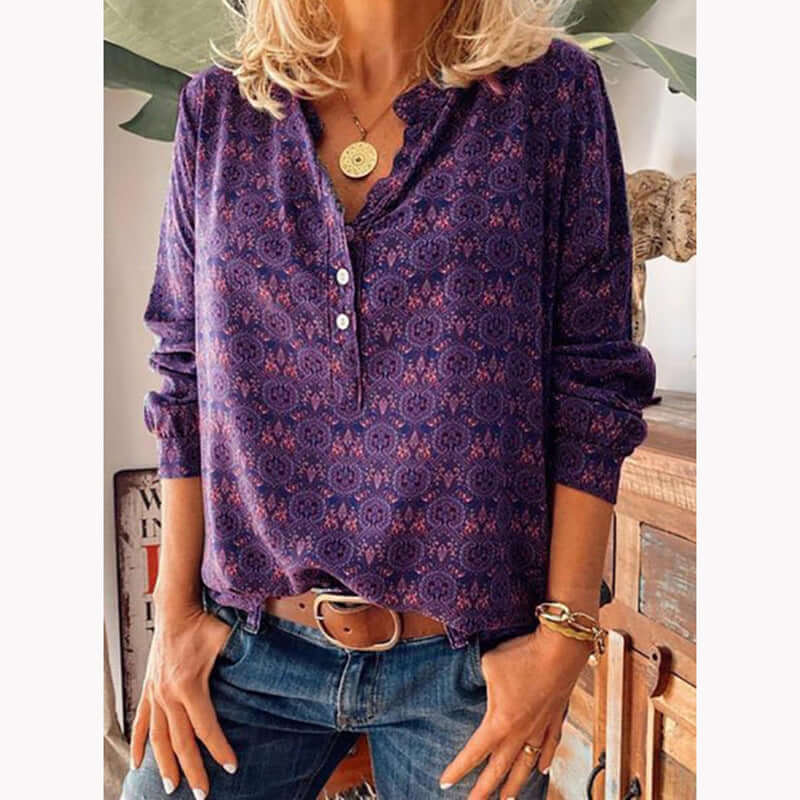 Women's Printed Cutout Neckline Blouse