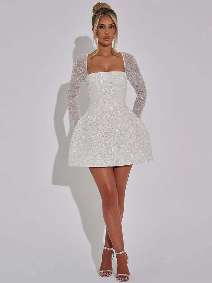 Sequin Mini Dress: Square Neck, Long Sleeve Party Dress