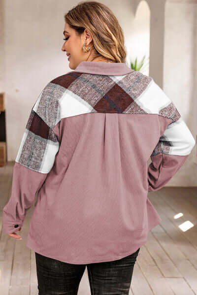 Plus Size Plaid Jacket: Women's Autumn/Winter Button-Front Pocket Jacket