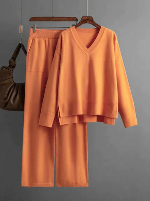 Women's V-Neck Sweater & Wide Leg Trousers Set