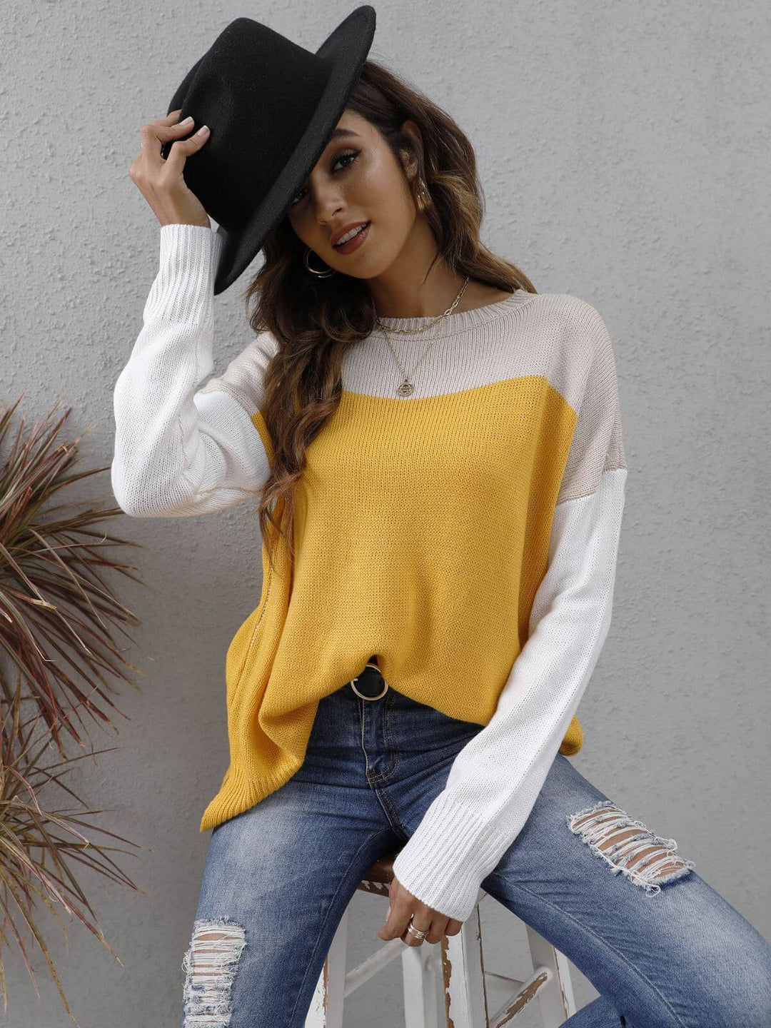 Women's Relaxed Fit Colour Block Knit Jumper