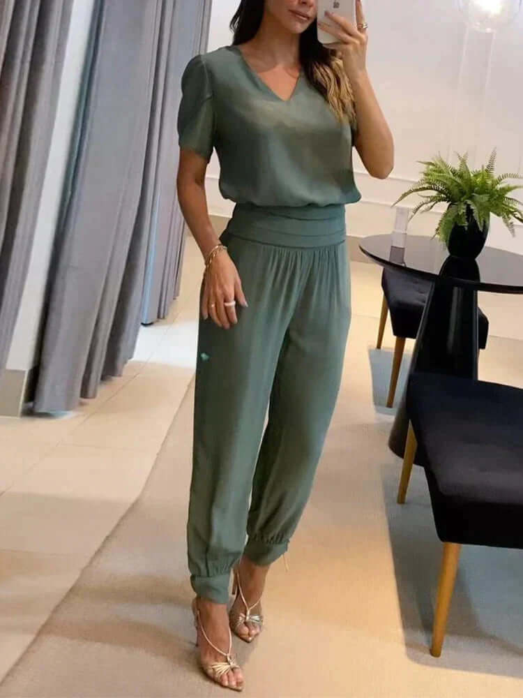 Women's Relaxed Fit Two-Piece Set: V-Neck Top & Elastic Waist Pants
