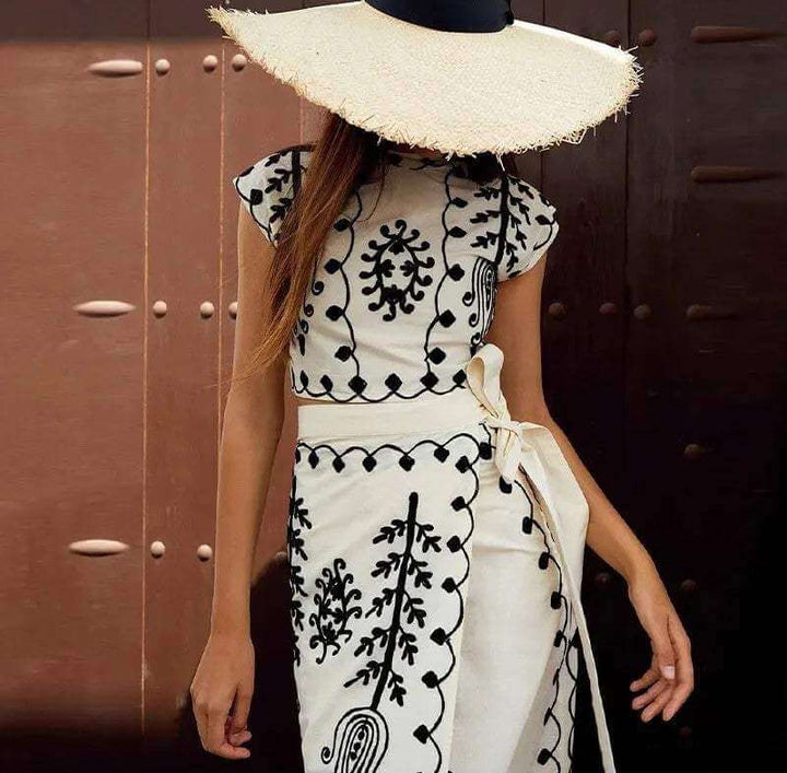 Elegant Women's Embroidered Crop Top & Midi Skirt Set