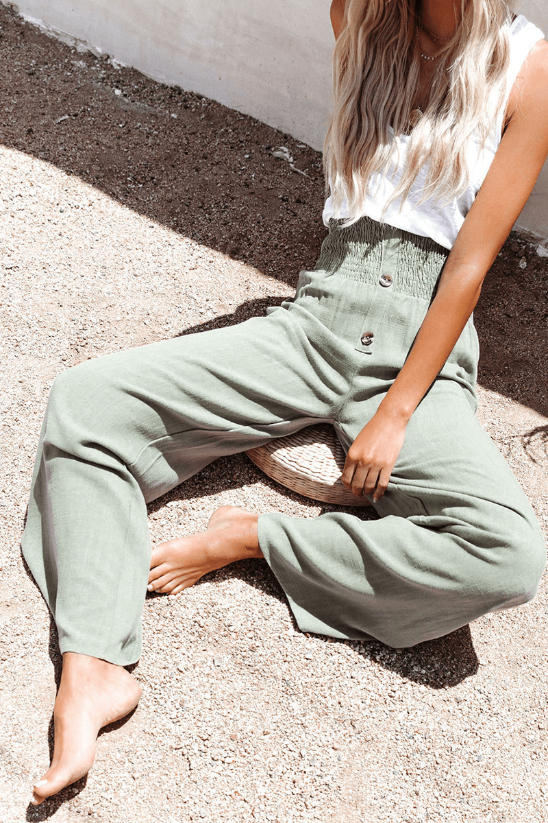 Women's Wide Leg Casual Trousers with Button Closure