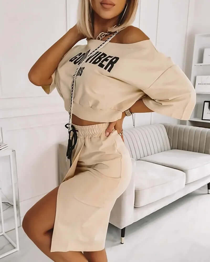 Women's Elegant One-Shoulder Crop Top & High-Split Skirt Set