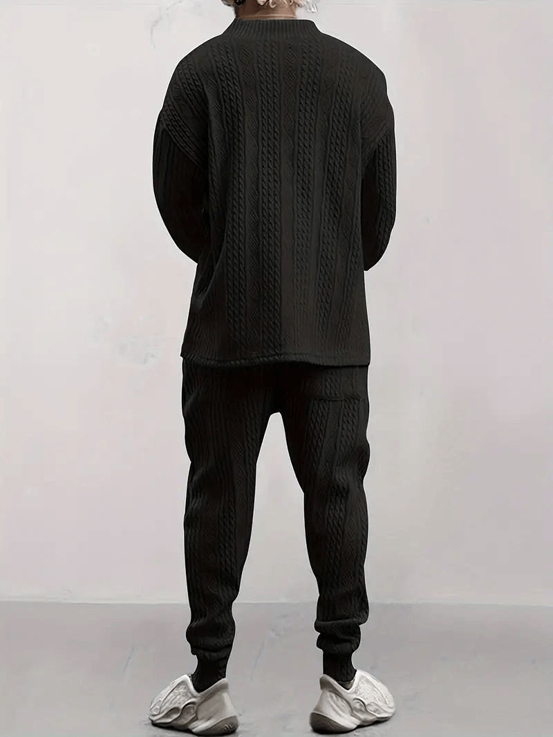 Men's Cable Knit Loungewear Set: V-Neck Top & Drawstring Joggers