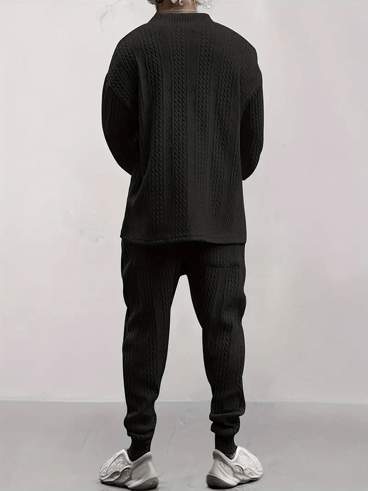 Men's Cable Knit Loungewear Set: V-Neck Top & Drawstring Joggers