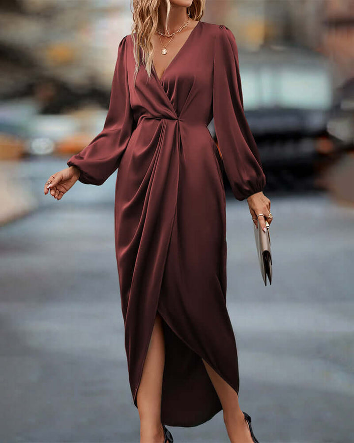 Elegant V-Neck Lantern Sleeve Dress