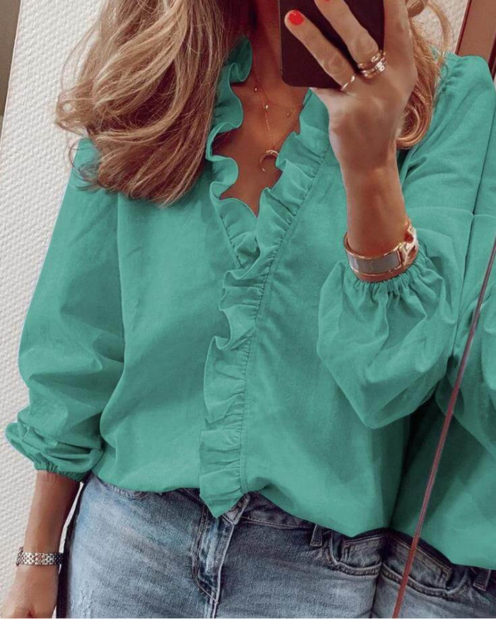 Women's V-Neck Ruffle Blouse: Elegant & Comfortable Top
