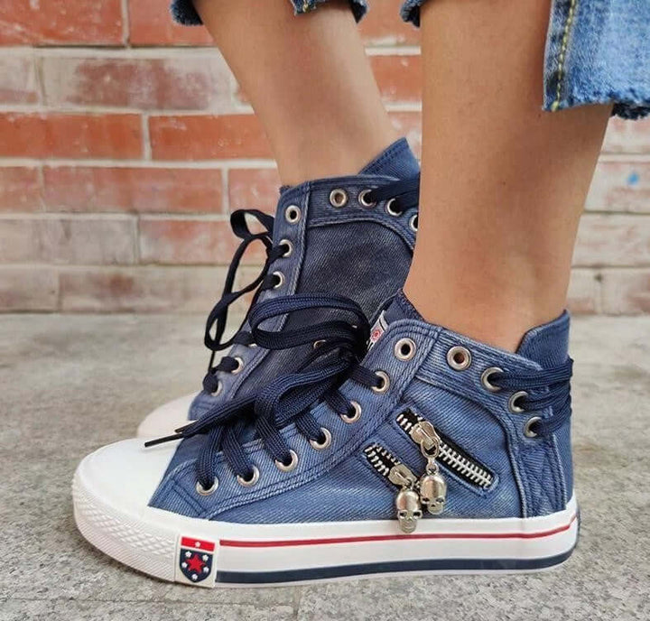 Women's Denim High-Top Lace-Up Sneakers