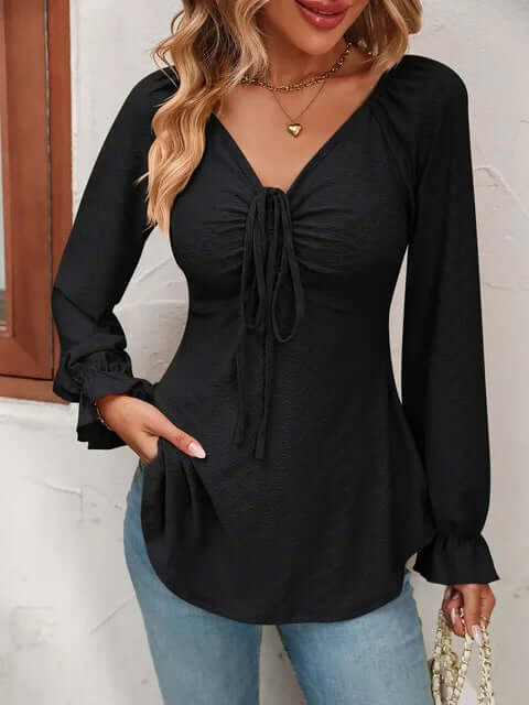 Women's V-Neck Textured Top with Flared Sleeves