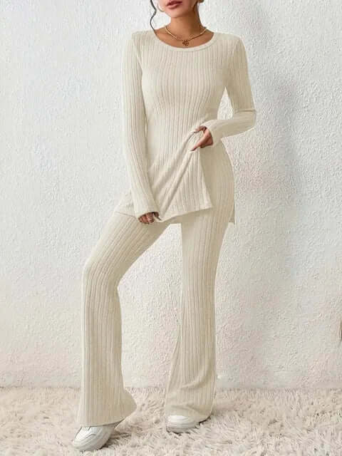 Women's Ribbed Knit Set: Long Sleeve Top & Flared Trousers