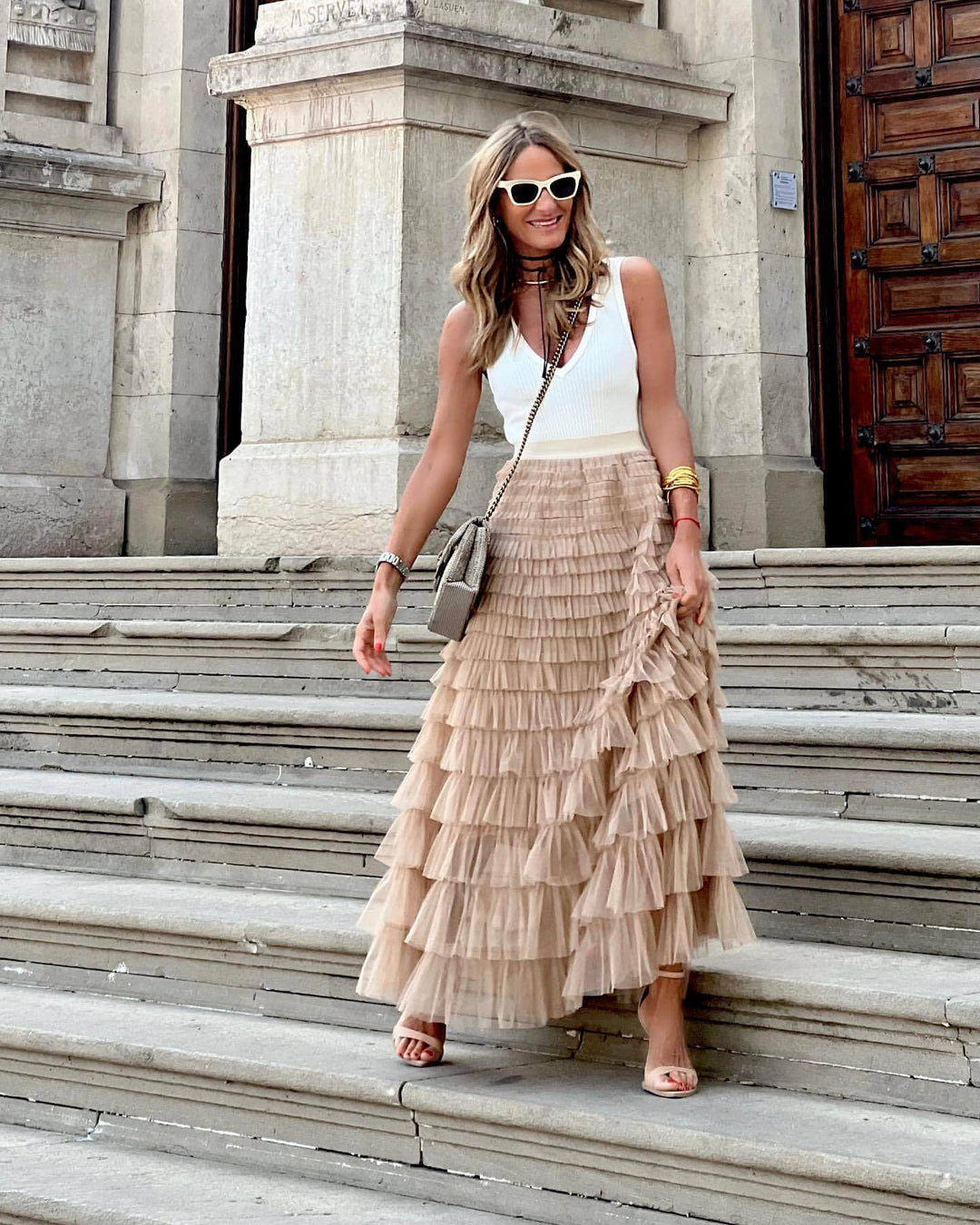 Women's High-Waisted Flowing Tiered Maxi Skirt