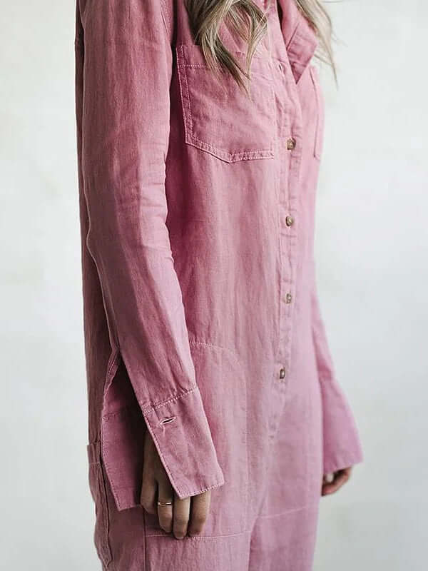 Women's Relaxed Fit Linen Jumpsuit with Roll Tab Sleeves