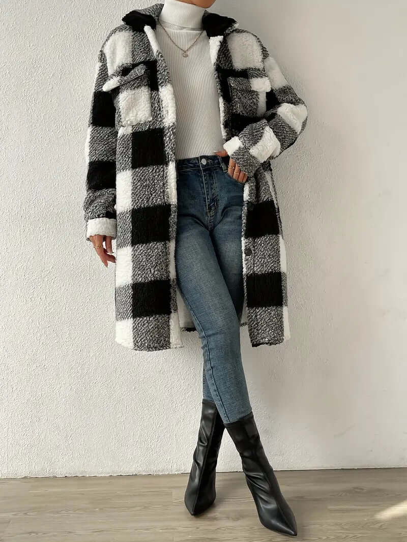 Women's Long Sleeve Checked Coat: Stylish & Warm Outerwear
