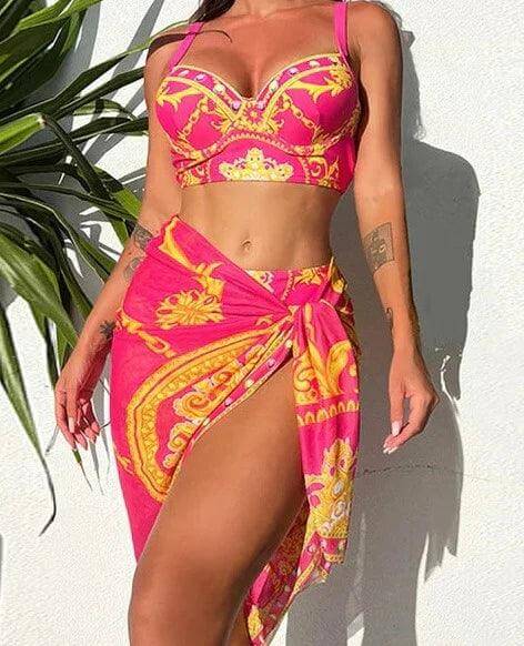 Women's High-Waist Bohemian Bikini Set with Cover-Up
