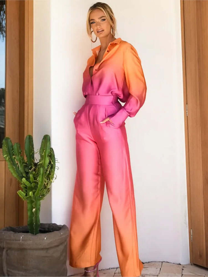 Women's Wide-Leg Satin Jumpsuit: Button-Down Long Sleeve