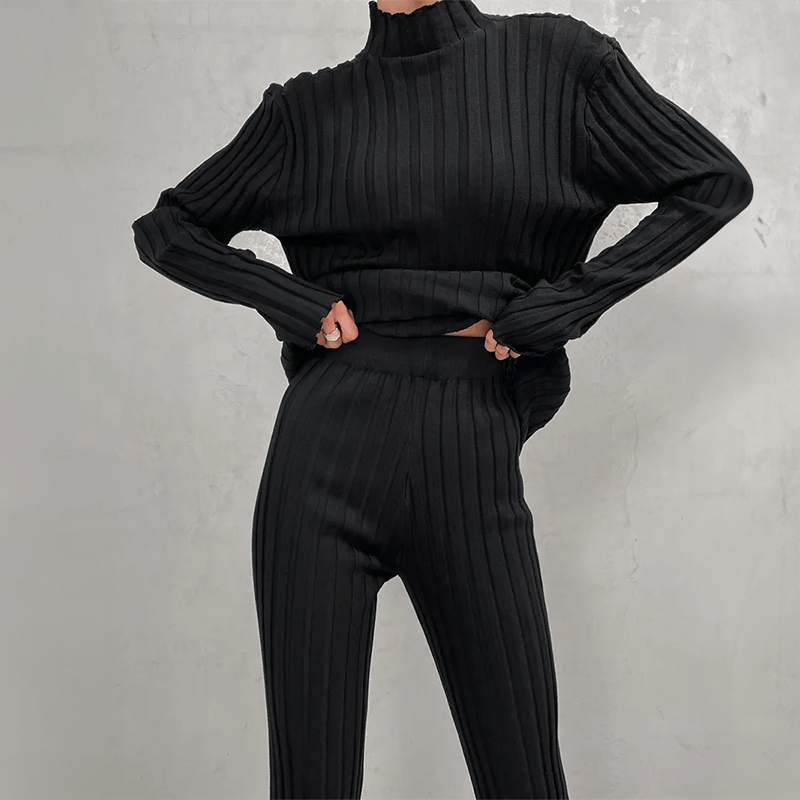 Women's Ribbed Knit Turtleneck Top & Trousers Set