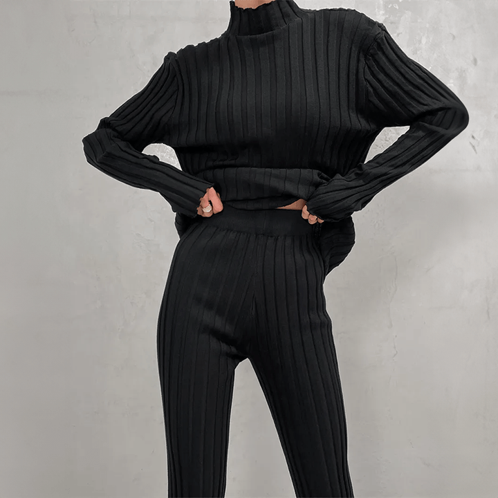 Women's Ribbed Knit Turtleneck Top & Trousers Set