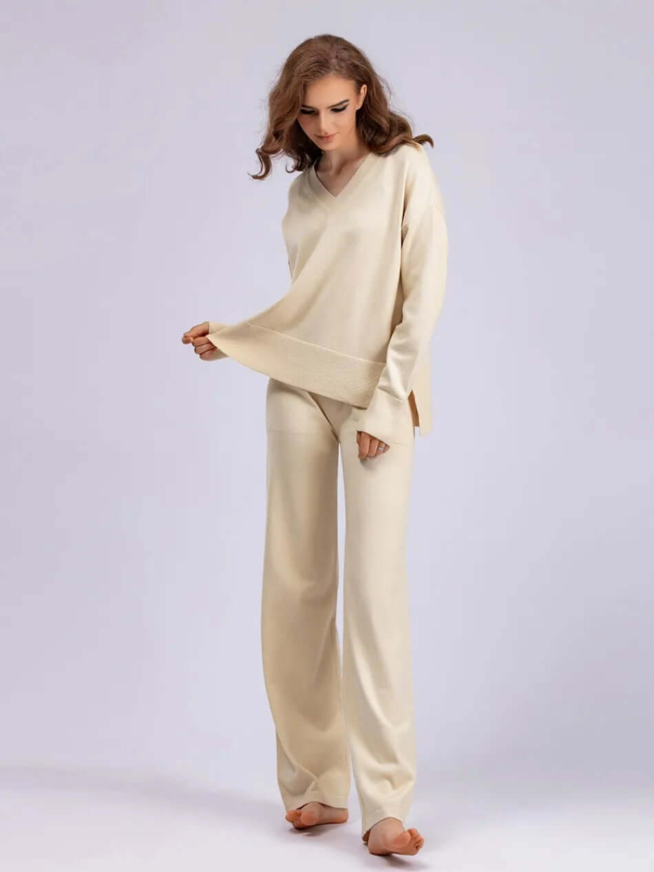 Women's V-Neck Sweater & Wide Leg Trousers Set