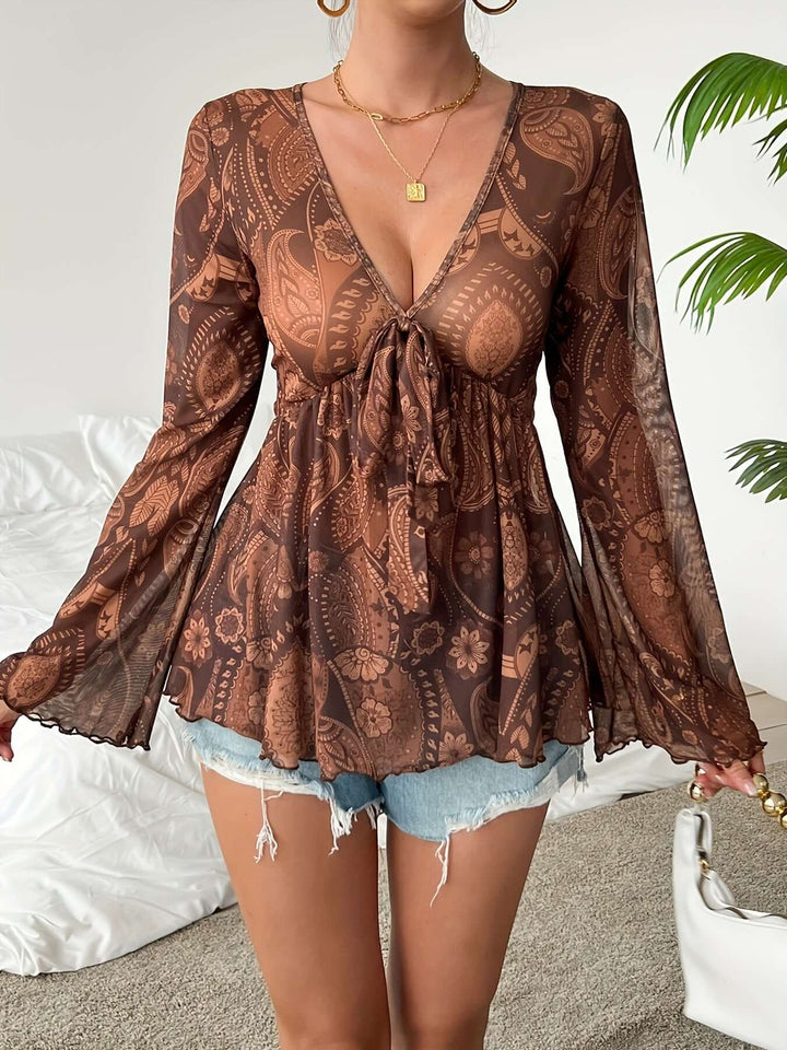 Women's Bohemian V-Neck Blouse with Flared Sleeves