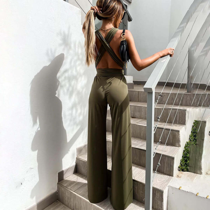 Women's Wide Leg Jumpsuit: Sleeveless V-Neck, Belted Waist